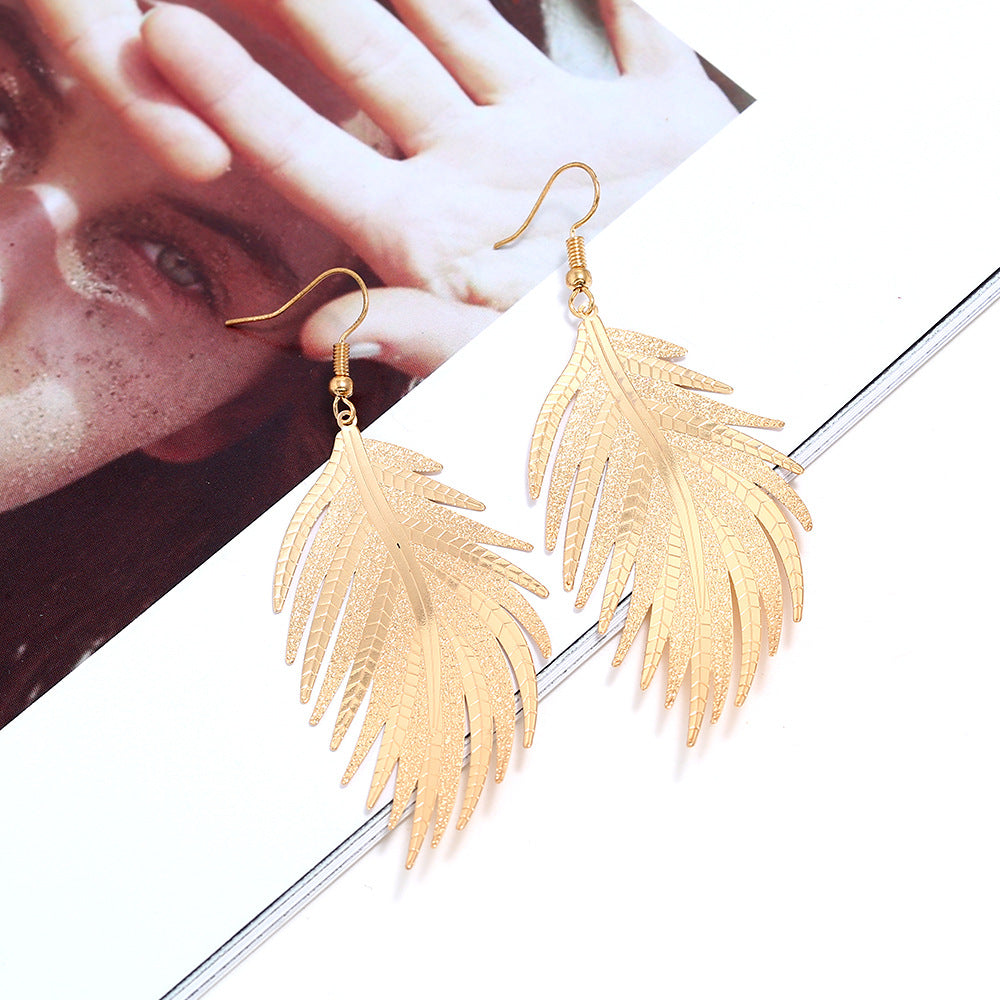 Wholesale Simple Earrings Metal Feather Frosted Leaf Pattern Earrings